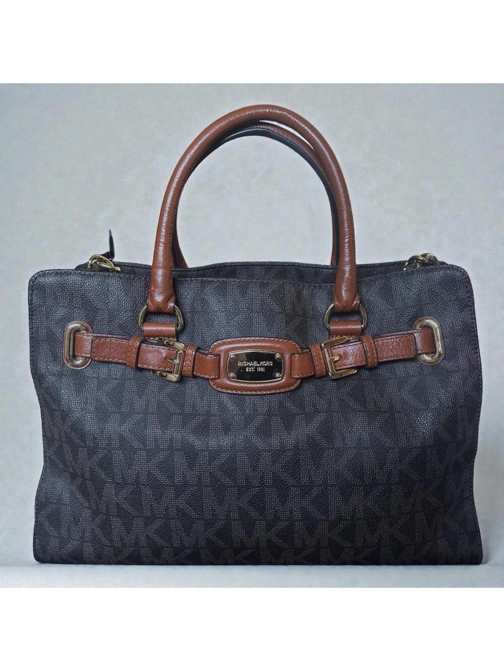 Michael Kors Hamilton Monogram Satchel East West Tote Shoulder Brown Bag